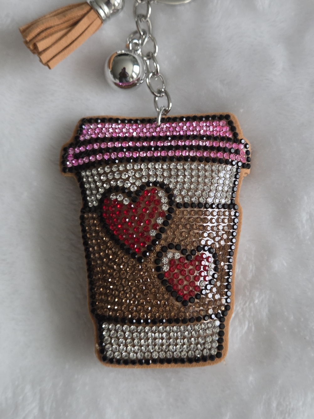 Coffee Cup Rhinestone Keychain Charm - Pink & Brown Bag Charm - Picture 2 of 3
